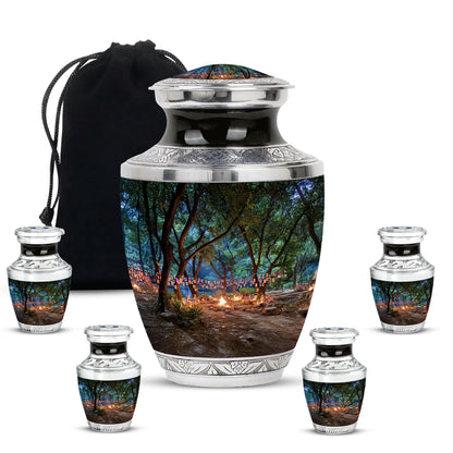 Onyx Black Campfire Cremation Urn lifestyle display on memorial shelf - artistic campfire interpretation with creative detail - memorial set with one large and four small urns
