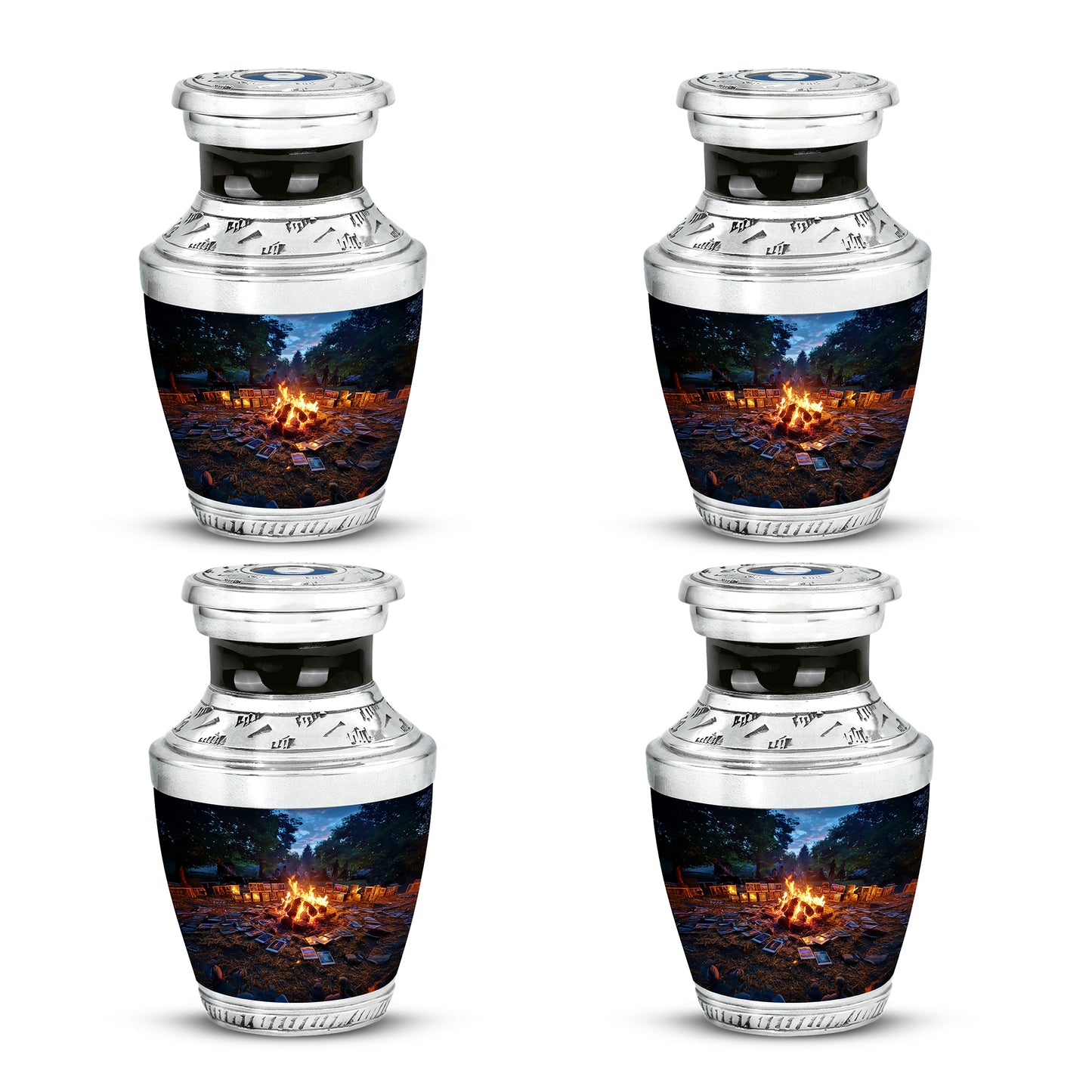 Sky Blue Campfire Cremation Urn back view with polished surface - contemporary campfire design with modern artistic flair - 10 inch aluminum urn for cremated remains