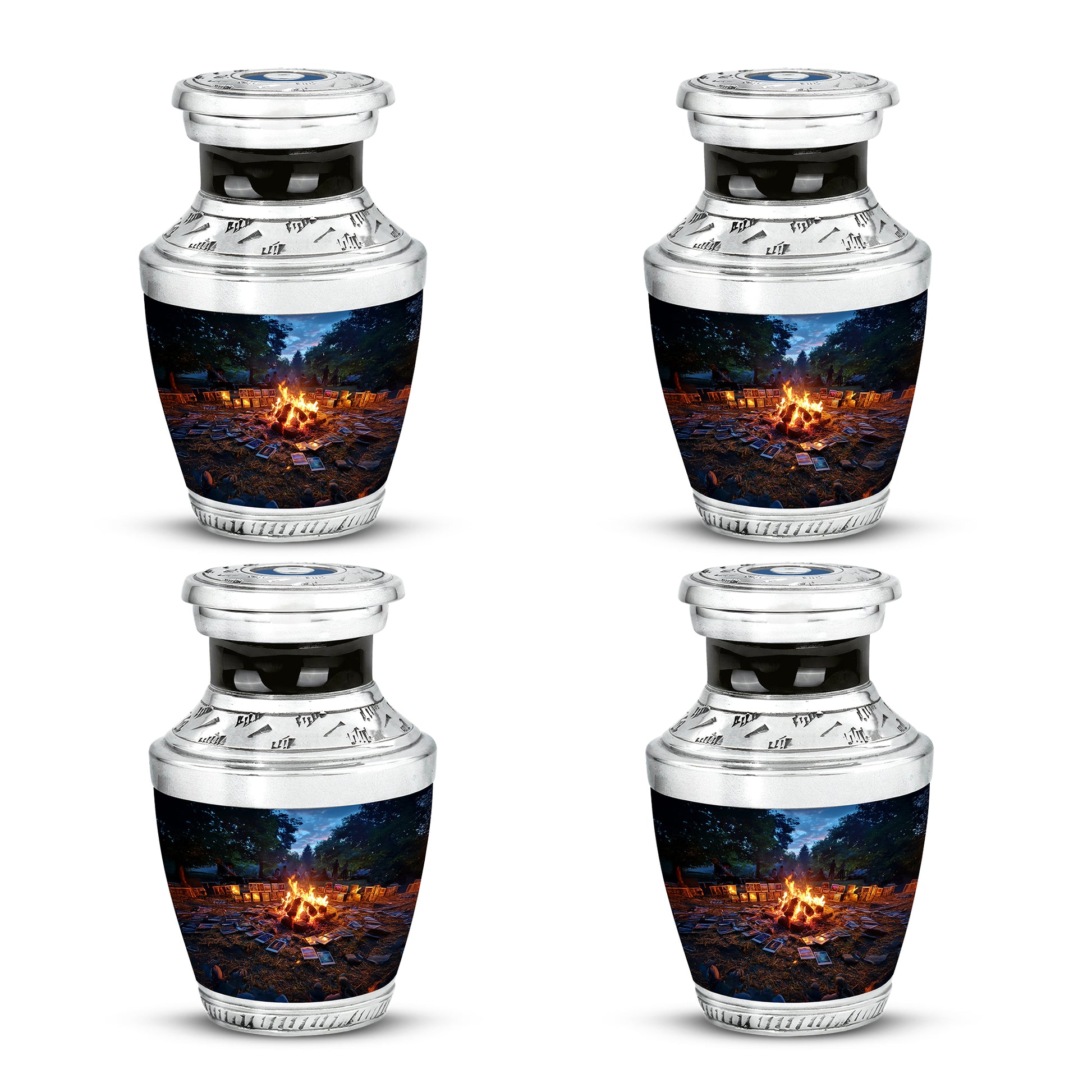 Sky Blue Campfire Cremation Urn back view with polished surface - contemporary campfire design with modern artistic flair - 10 inch aluminum urn for cremated remains