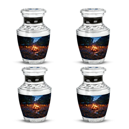 Sky Blue Campfire Cremation Urn back view with polished surface - contemporary campfire design with modern artistic flair - 10 inch aluminum urn for cremated remains