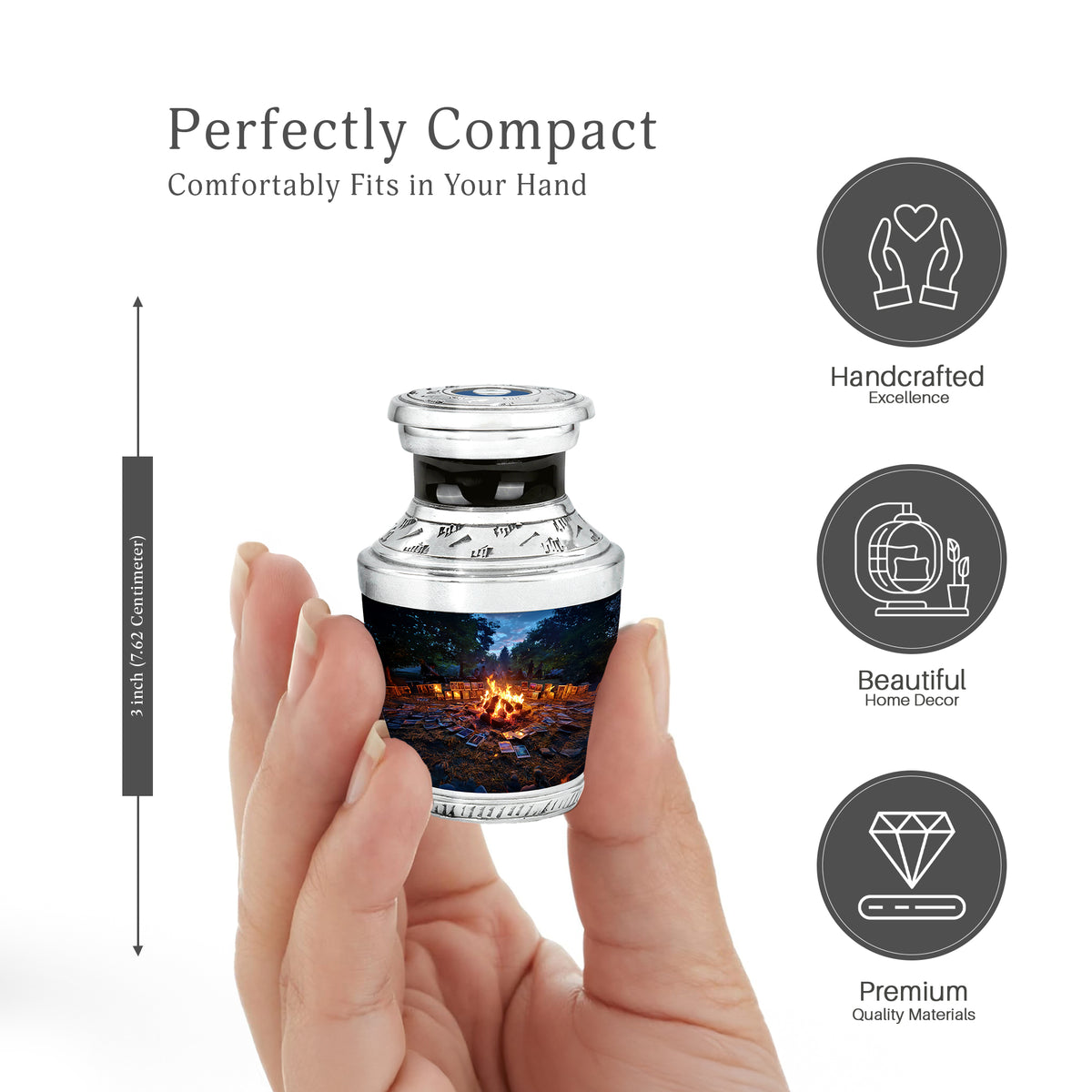 Azure Campfire Cremation Urn top-down view of secure threaded lid - modern art-inspired campfire motif on sleek aluminum - mini keepsake memorial for portion of cremation ashes