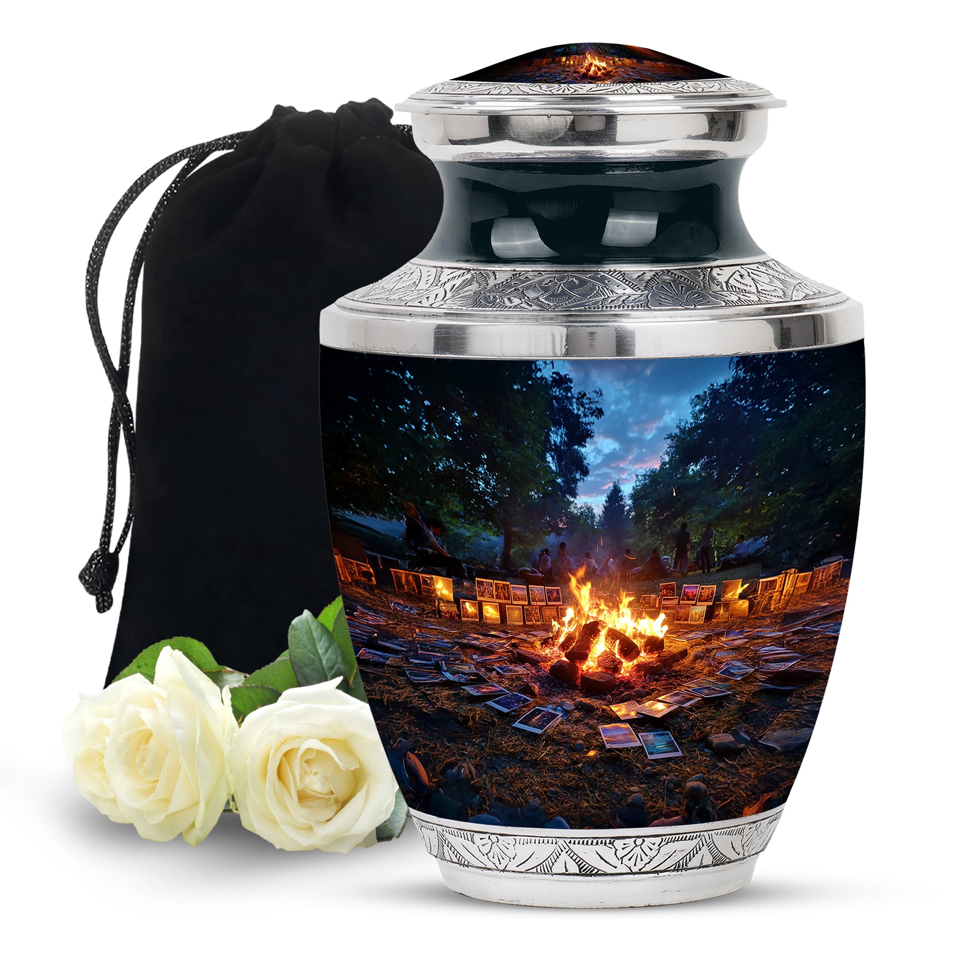 Dusty Blue Campfire Cremation Urn side profile showing urn shape - modern art-inspired campfire motif on sleek aluminum - full-size 10 inch 200 cubic inch adult cremation urn