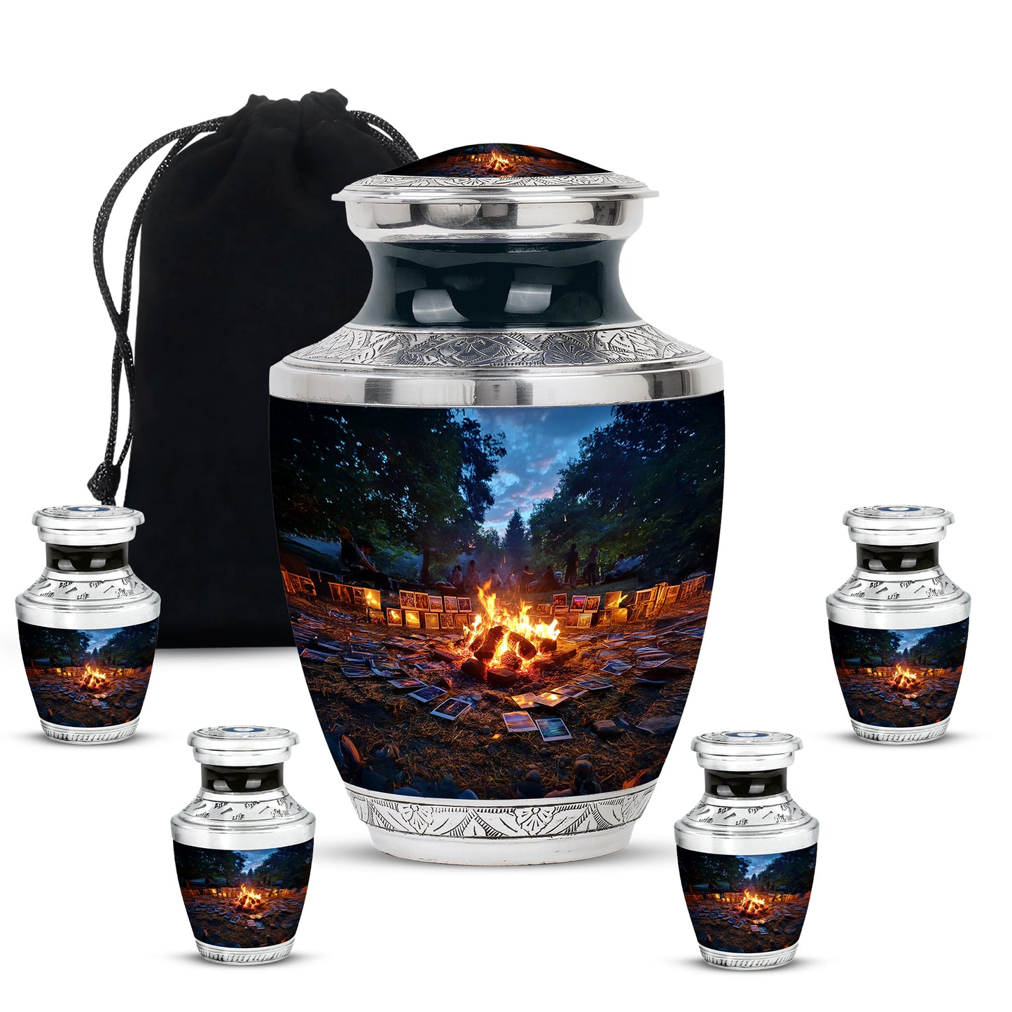 Twilight Blue Campfire Cremation Urn lifestyle display on memorial shelf - artistic campfire interpretation with creative detail - memorial set with one large and four small urns