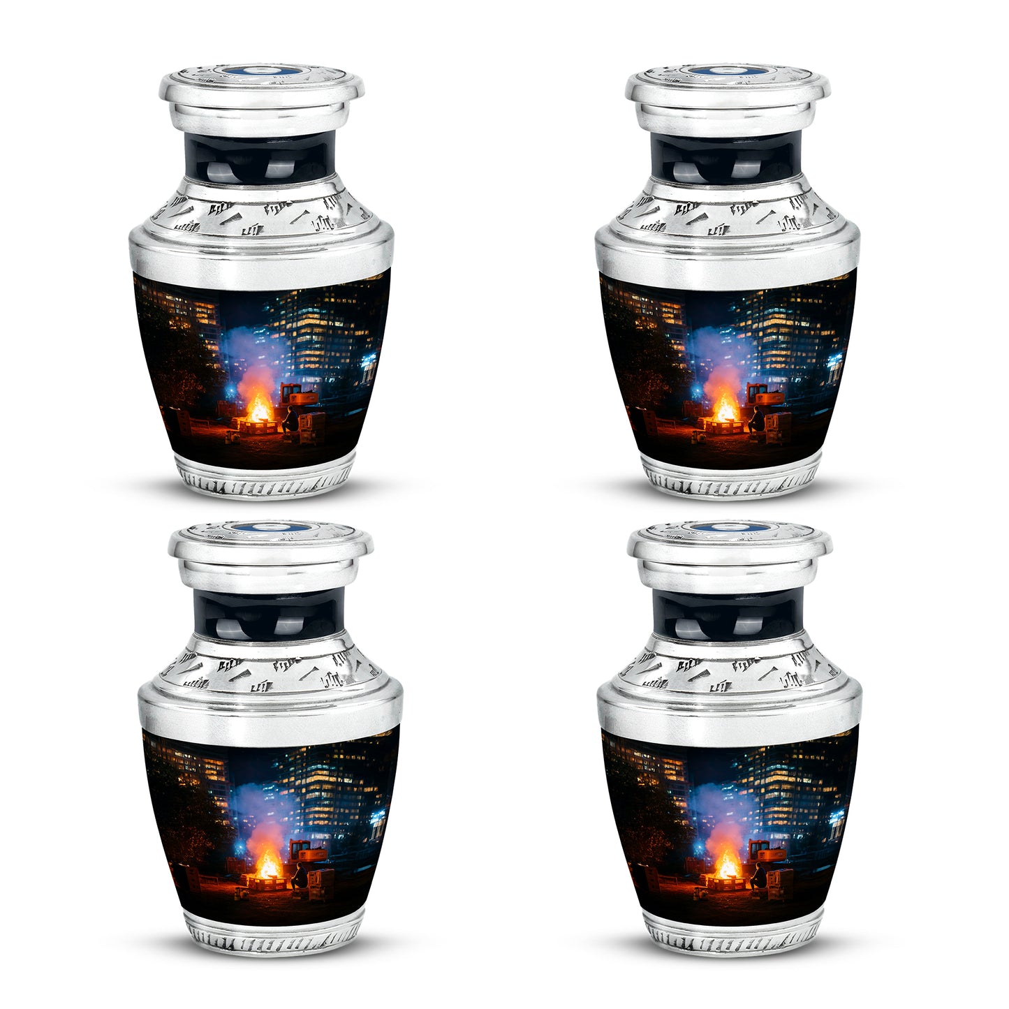 Ebony Campfire Cremation Urn back view with polished surface - modern art-inspired campfire motif on sleek aluminum - 10 inch aluminum urn for cremated remains