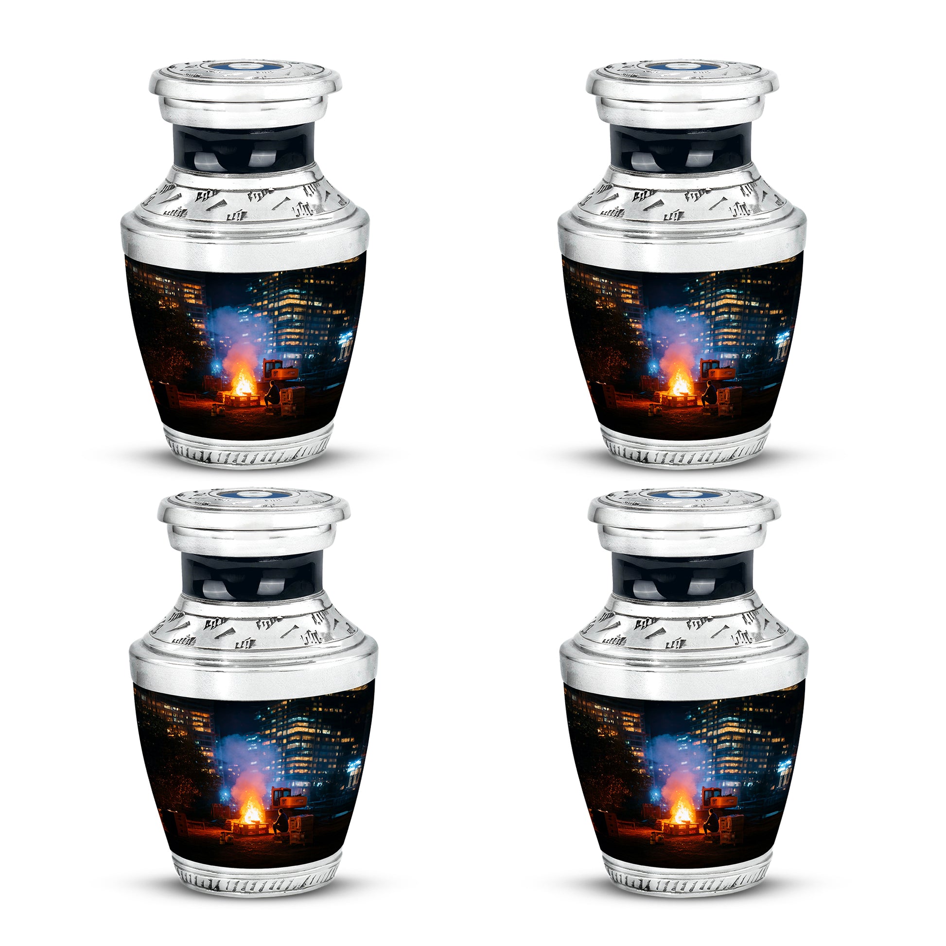 Ebony Campfire Cremation Urn back view with polished surface - modern art-inspired campfire motif on sleek aluminum - 10 inch aluminum urn for cremated remains