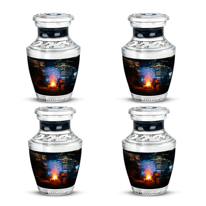 Ebony Campfire Cremation Urn back view with polished surface - modern art-inspired campfire motif on sleek aluminum - 10 inch aluminum urn for cremated remains
