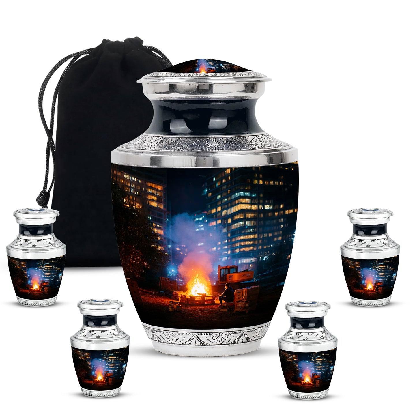 Onyx Black Campfire Cremation Urn lifestyle display on memorial shelf - artistic campfire interpretation with creative detail - memorial set with one large and four small urns