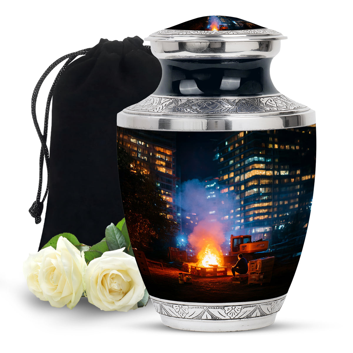 Deep Black Campfire Cremation Urn side profile showing urn shape - contemporary campfire design with modern artistic flair - full-size 10 inch 200 cubic inch adult cremation urn