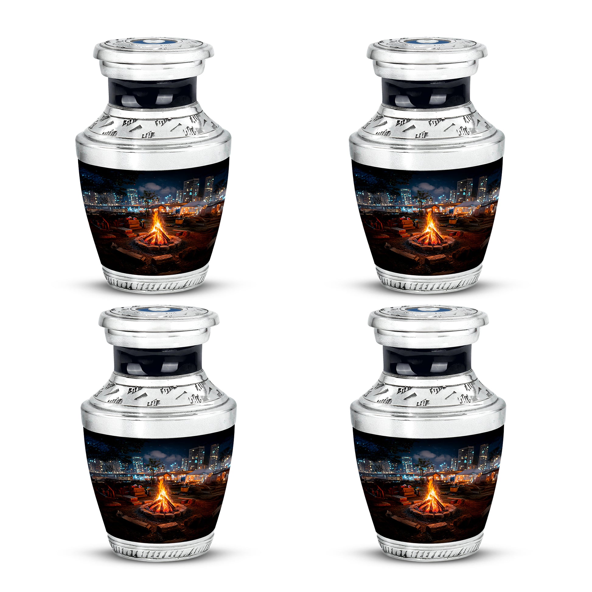 Midnight Black Campfire Cremation Urn back view with polished surface - stylized abstract campfire pattern with bold lines - 10 inch aluminum urn for cremated remains