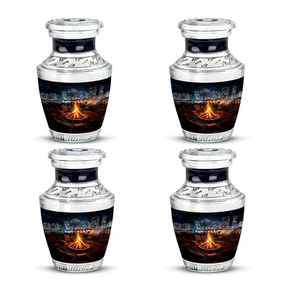 Midnight Black Campfire Cremation Urn back view with polished surface - stylized abstract campfire pattern with bold lines - 10 inch aluminum urn for cremated remains