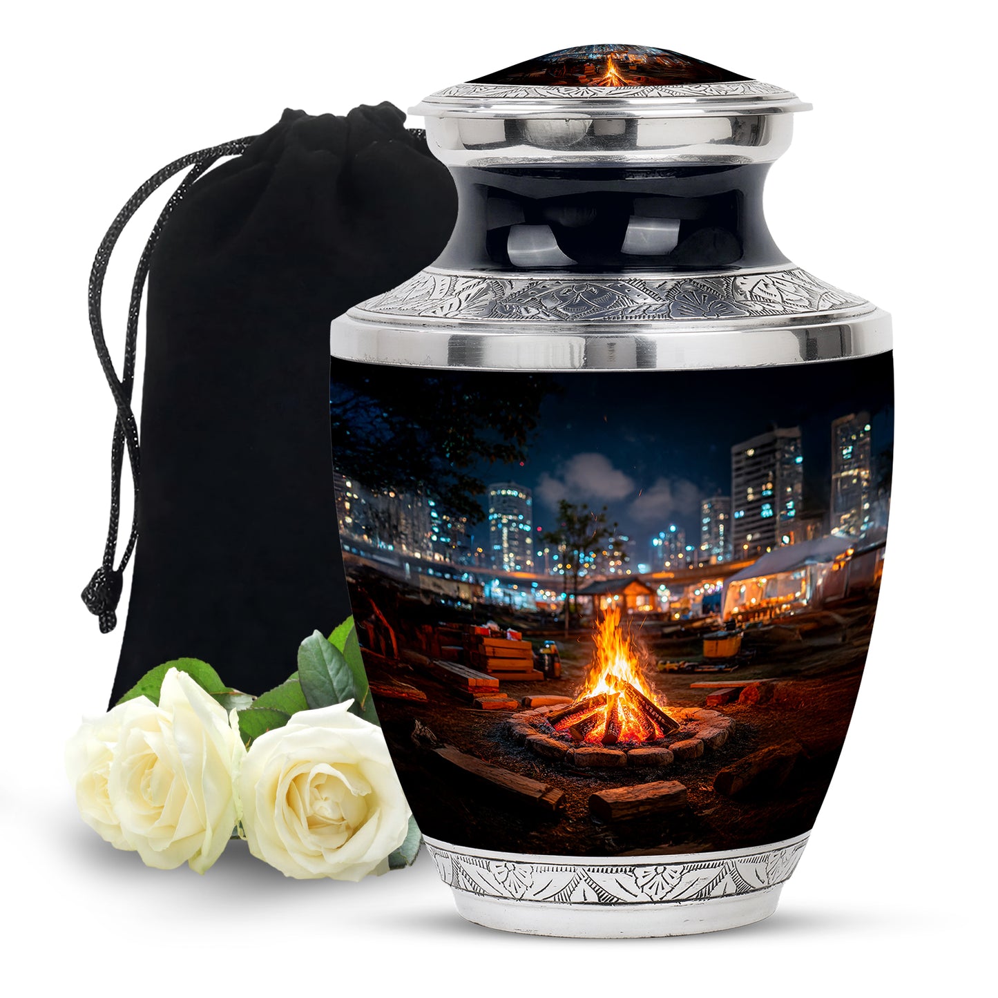 Onyx Black Campfire Cremation Urn side profile showing urn shape - stylized abstract campfire pattern with bold lines - full-size 10 inch 200 cubic inch adult cremation urn