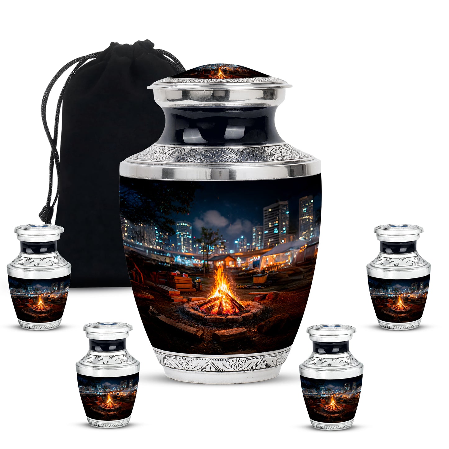 Charcoal Black Campfire Cremation Urn lifestyle display on memorial shelf - stylized abstract campfire pattern with bold lines - memorial set with one large and four small urns