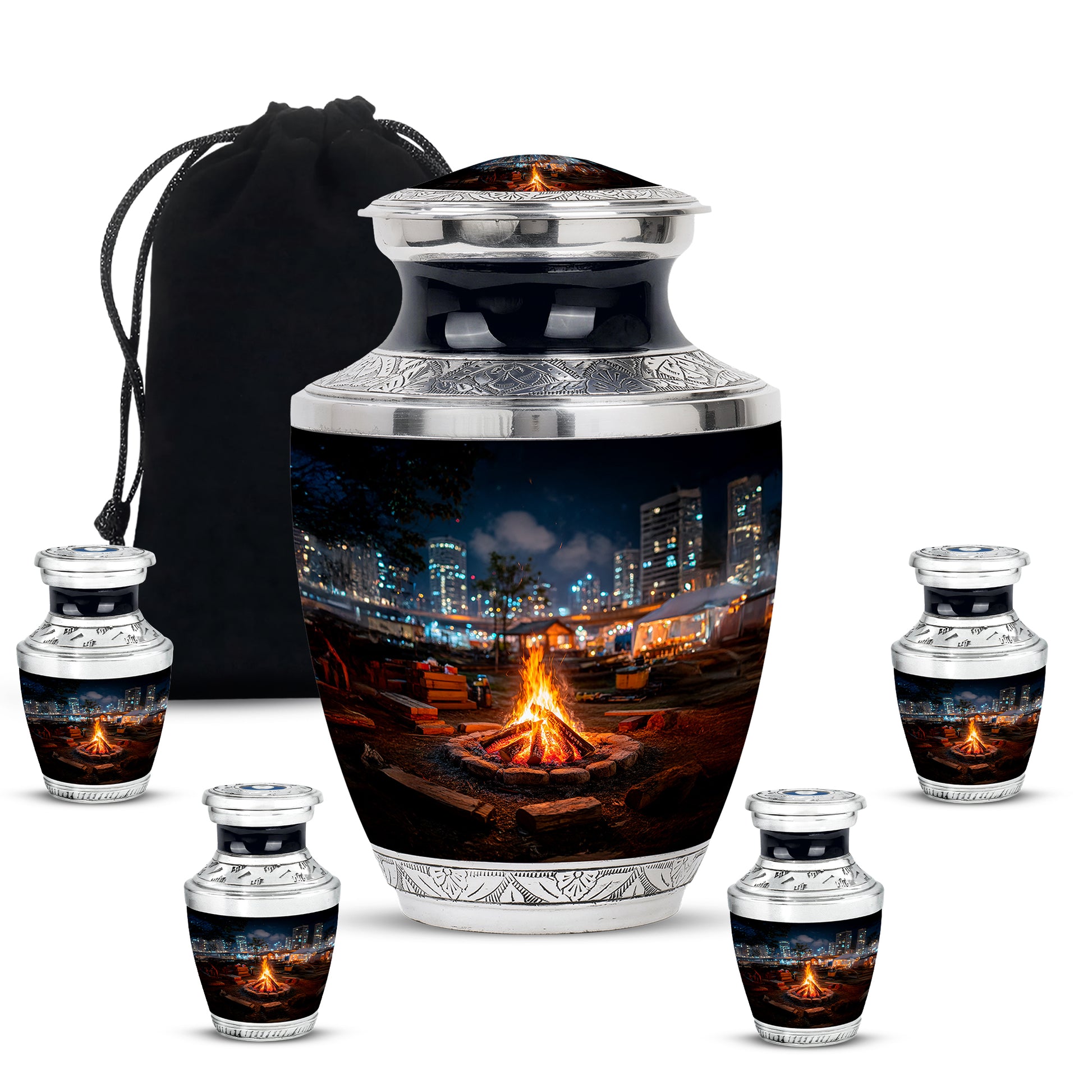 Charcoal Black Campfire Cremation Urn lifestyle display on memorial shelf - stylized abstract campfire pattern with bold lines - memorial set with one large and four small urns