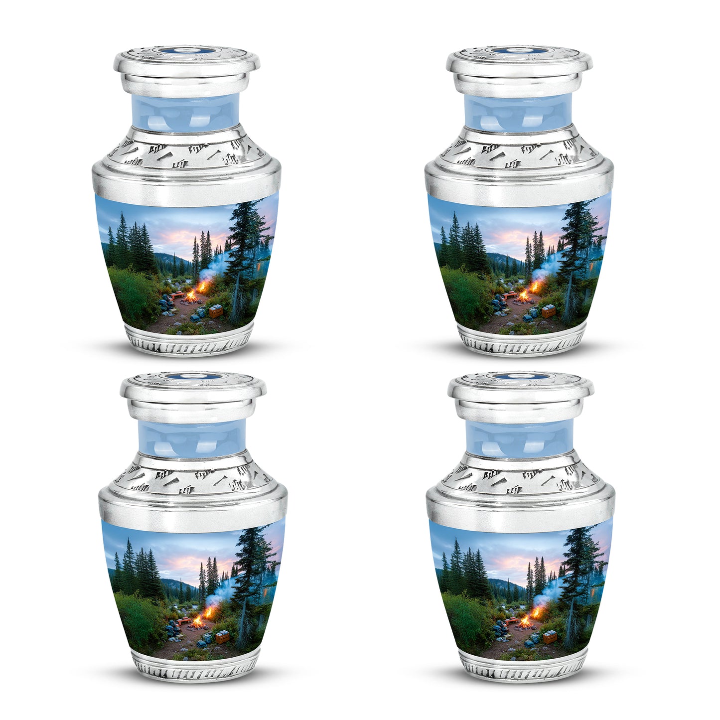 Dusty Blue Campfire Cremation Urn back view with polished surface - modern art-inspired campfire motif on sleek aluminum - 10 inch aluminum urn for cremated remains