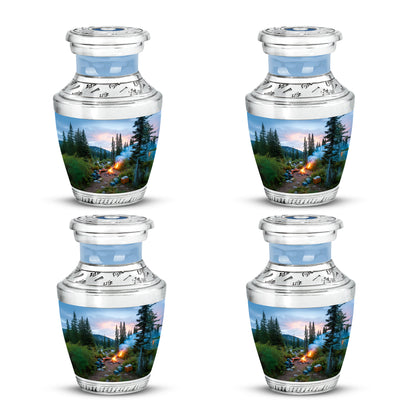 Dusty Blue Campfire Cremation Urn back view with polished surface - modern art-inspired campfire motif on sleek aluminum - 10 inch aluminum urn for cremated remains