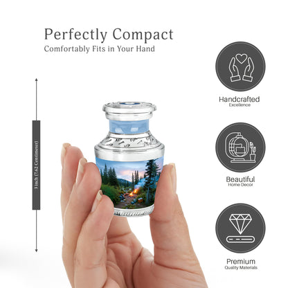 Steel Blue Campfire Cremation Urn top-down view of secure threaded lid - artistic campfire interpretation with creative detail - mini keepsake memorial for portion of cremation ashes