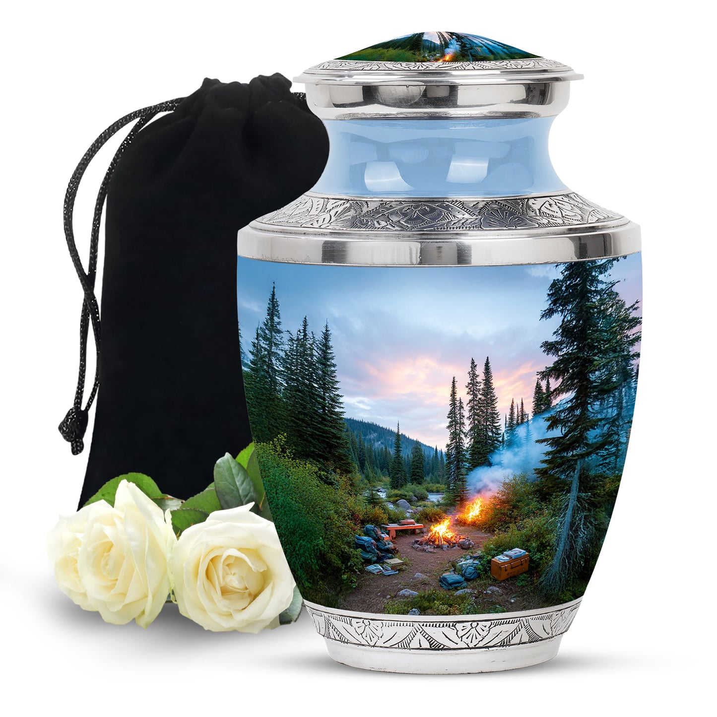Vivid Blue Campfire Cremation Urn side profile showing urn shape - artistic campfire interpretation with creative detail - full-size 10 inch 200 cubic inch adult cremation urn