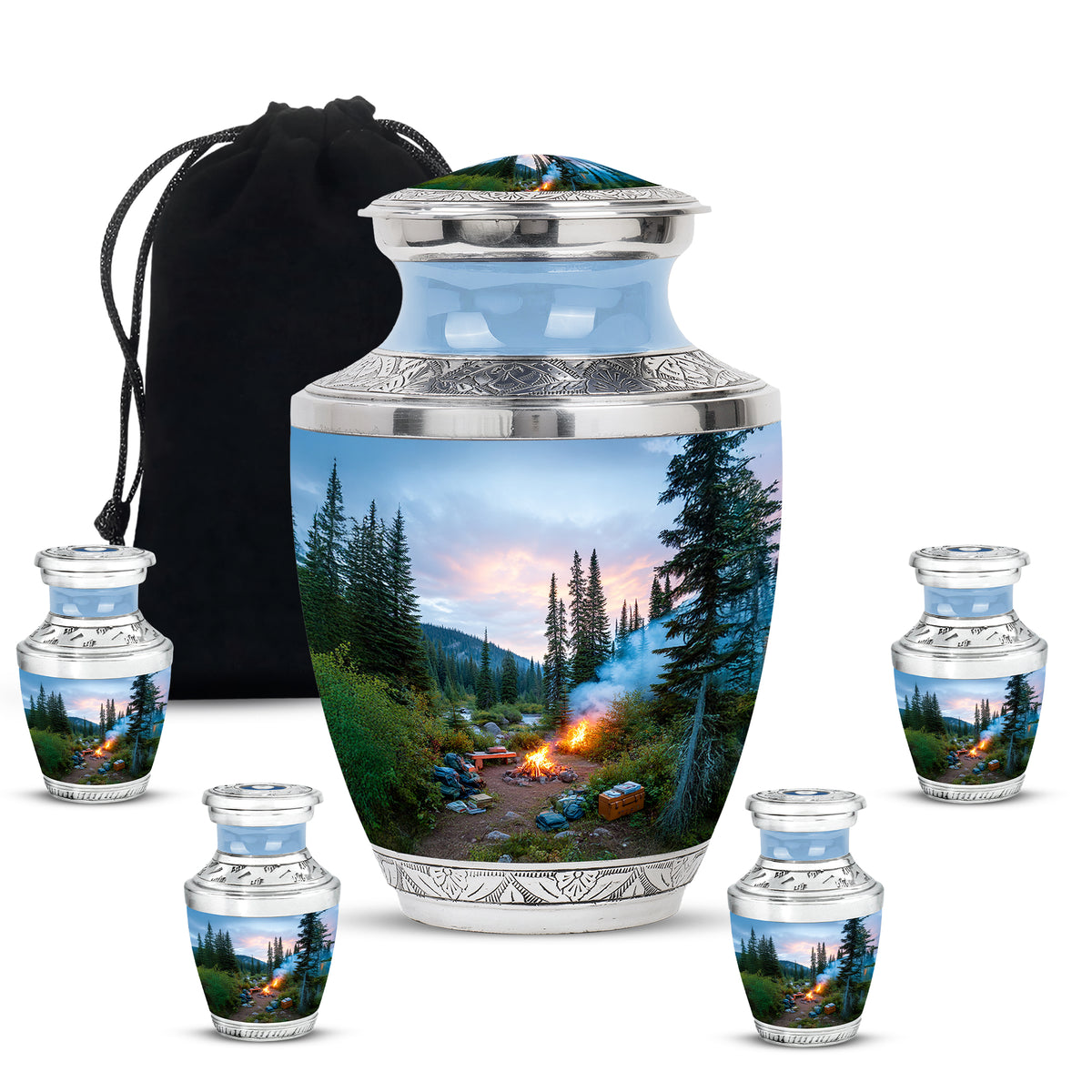 Sky Blue Campfire Cremation Urn lifestyle display on memorial shelf - modern art-inspired campfire motif on sleek aluminum - memorial set with one large and four small urns