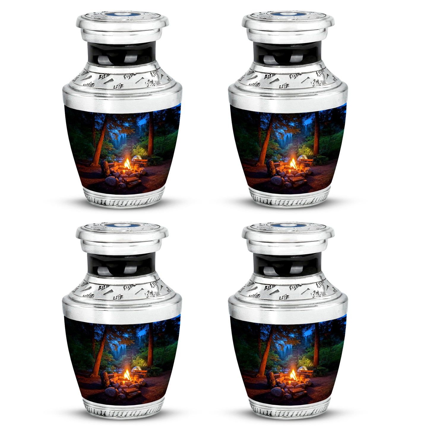 Misty Blue Campfire Cremation Urn back view with polished surface - modern art-inspired campfire motif on sleek aluminum - 10 inch aluminum urn for cremated remains