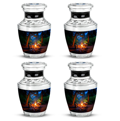 Misty Blue Campfire Cremation Urn back view with polished surface - modern art-inspired campfire motif on sleek aluminum - 10 inch aluminum urn for cremated remains