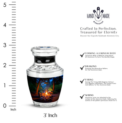 Dusty Blue Campfire Cremation Urn top-down view of secure threaded lid - modern art-inspired campfire motif on sleek aluminum - mini keepsake memorial for portion of cremation ashes