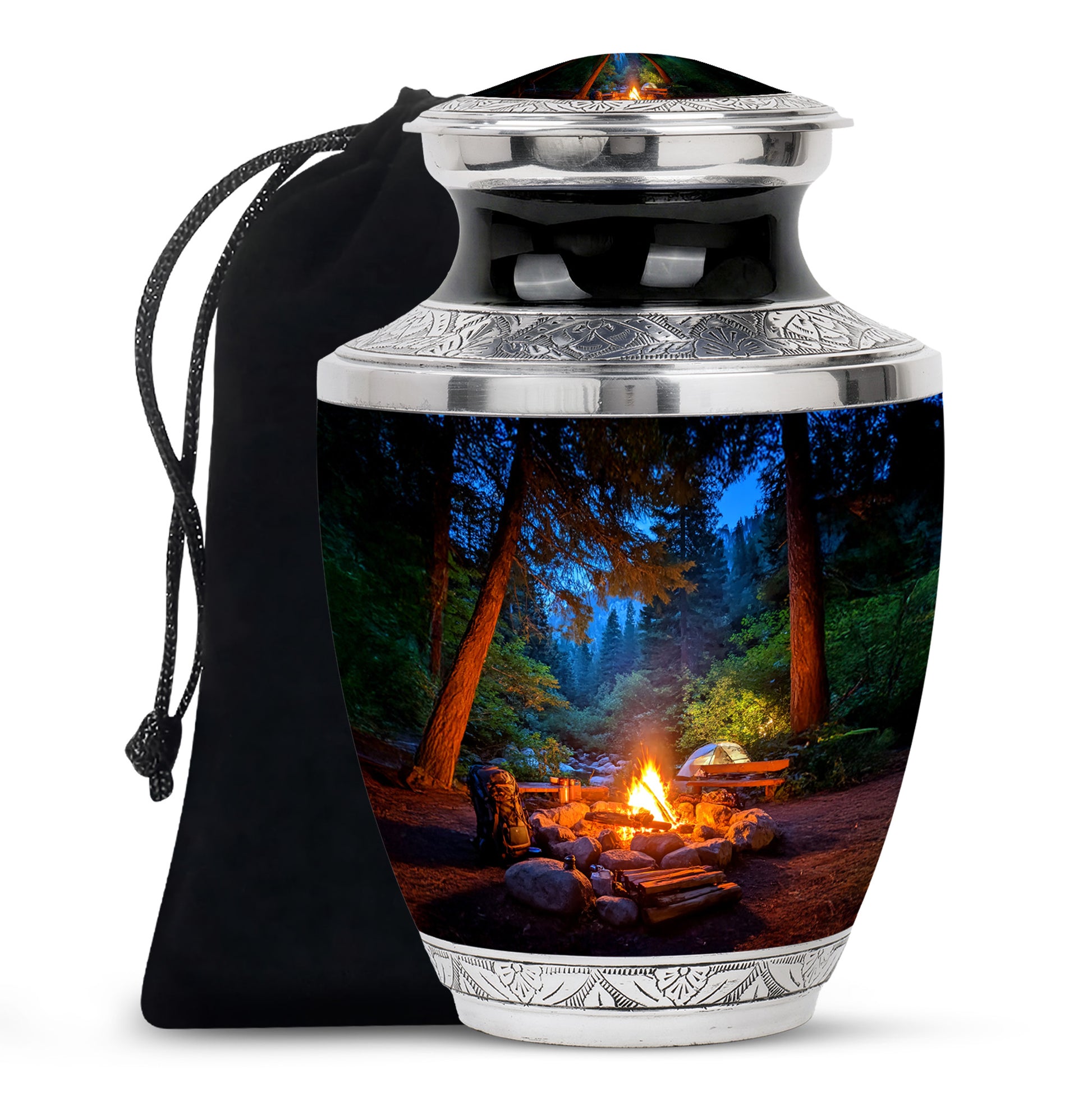 Icy Blue Campfire Cremation Urn side profile showing urn shape - modern art-inspired campfire motif on sleek aluminum - full-size 10 inch 200 cubic inch adult cremation urn