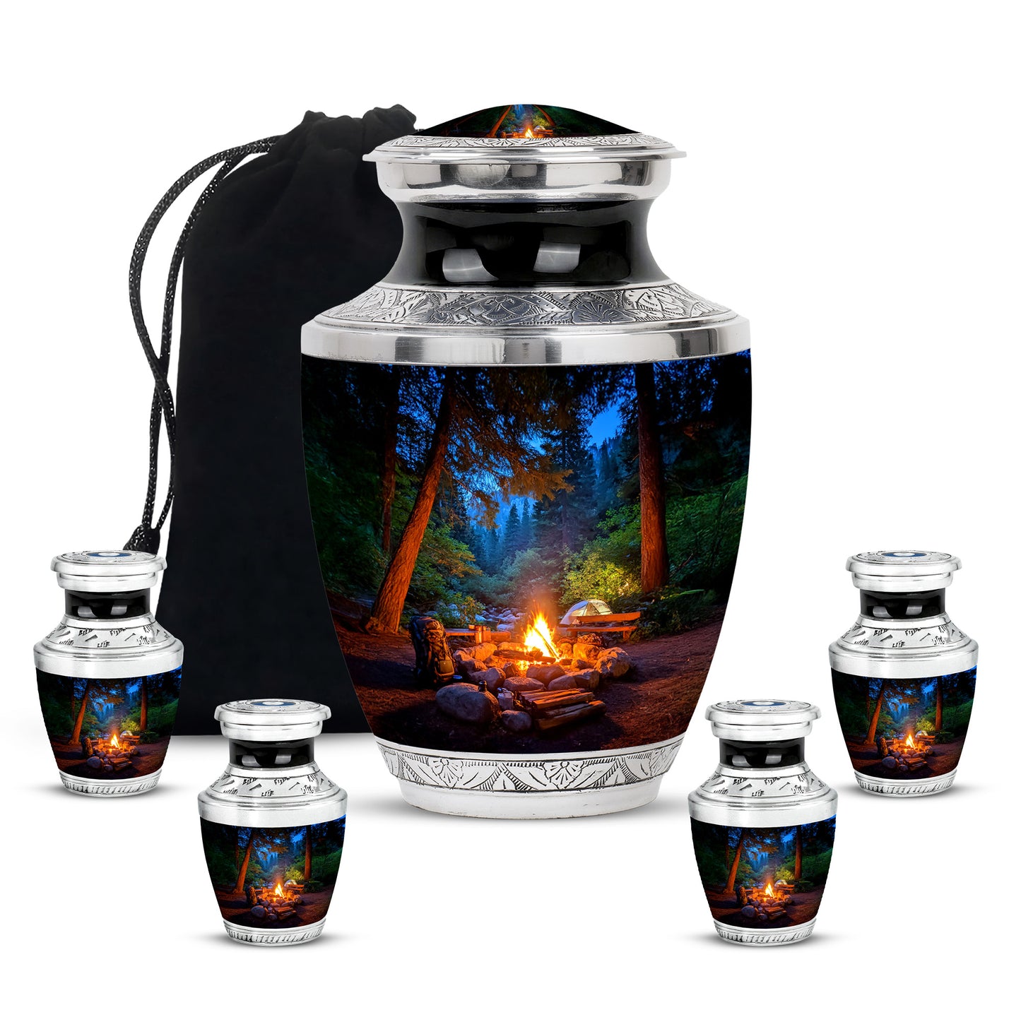 Sapphire Blue Campfire Cremation Urn lifestyle display on memorial shelf - stylized abstract campfire pattern with bold lines - memorial set with one large and four small urns
