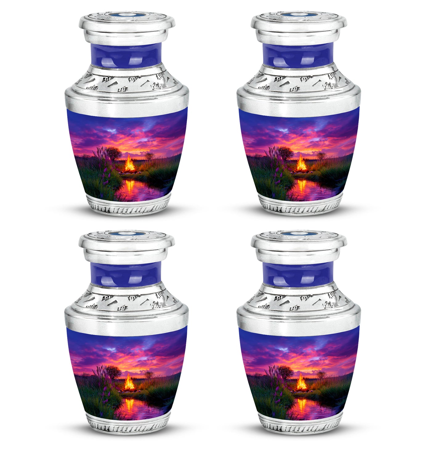 Serene Blue Campfire Cremation Urn back view with polished surface - stylized abstract campfire pattern with bold lines - 10 inch aluminum urn for cremated remains