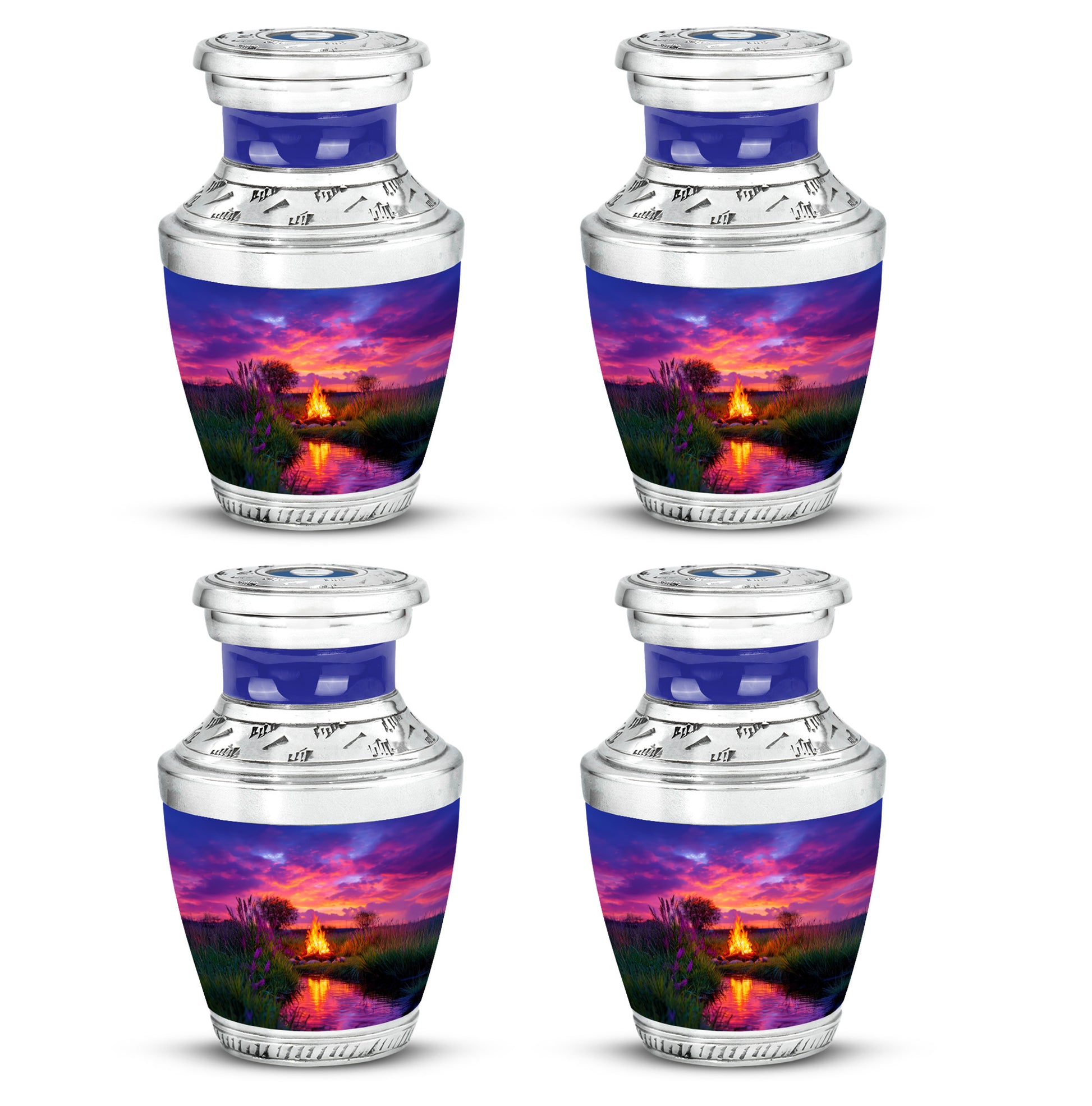 Serene Blue Campfire Cremation Urn back view with polished surface - stylized abstract campfire pattern with bold lines - 10 inch aluminum urn for cremated remains