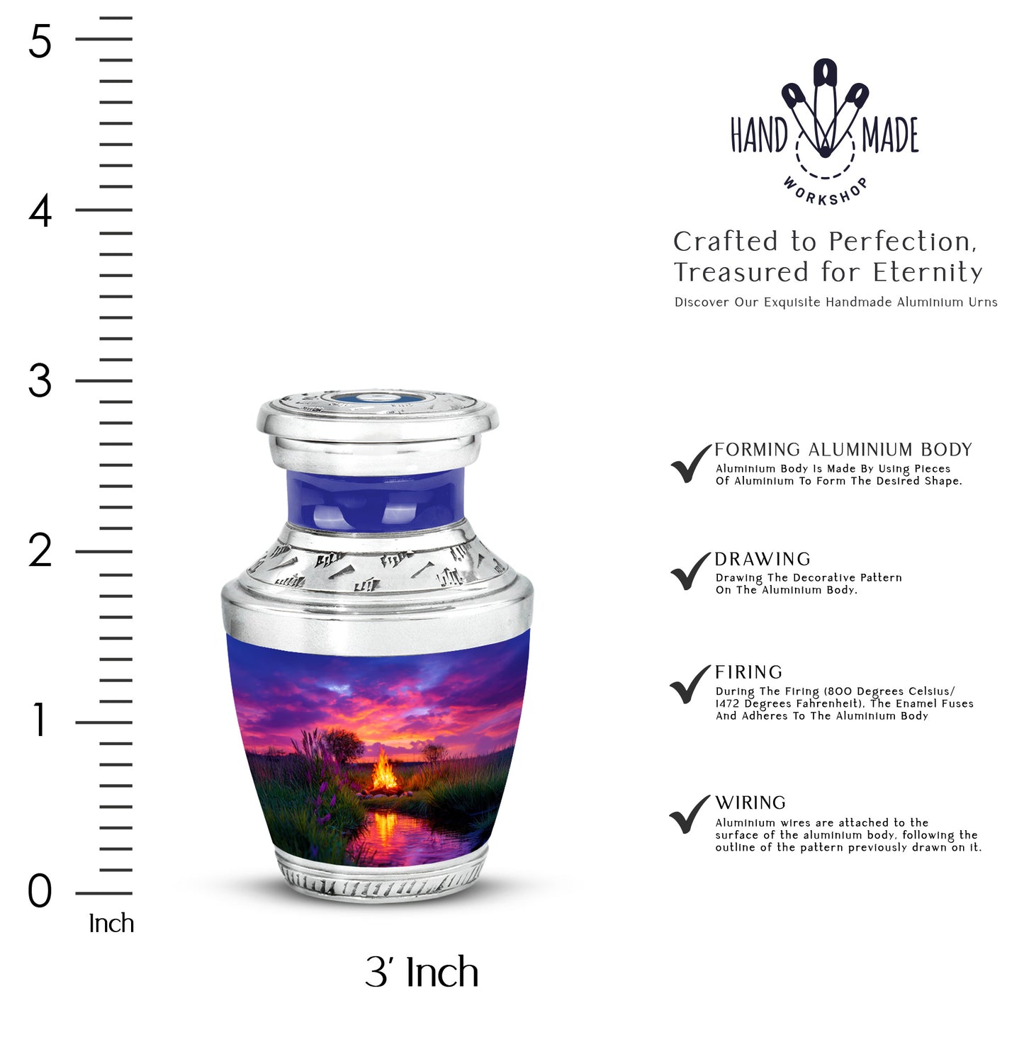 Sapphire Blue Campfire Cremation Urn top-down view of secure threaded lid - stylized abstract campfire pattern with bold lines - mini keepsake memorial for portion of cremation ashes