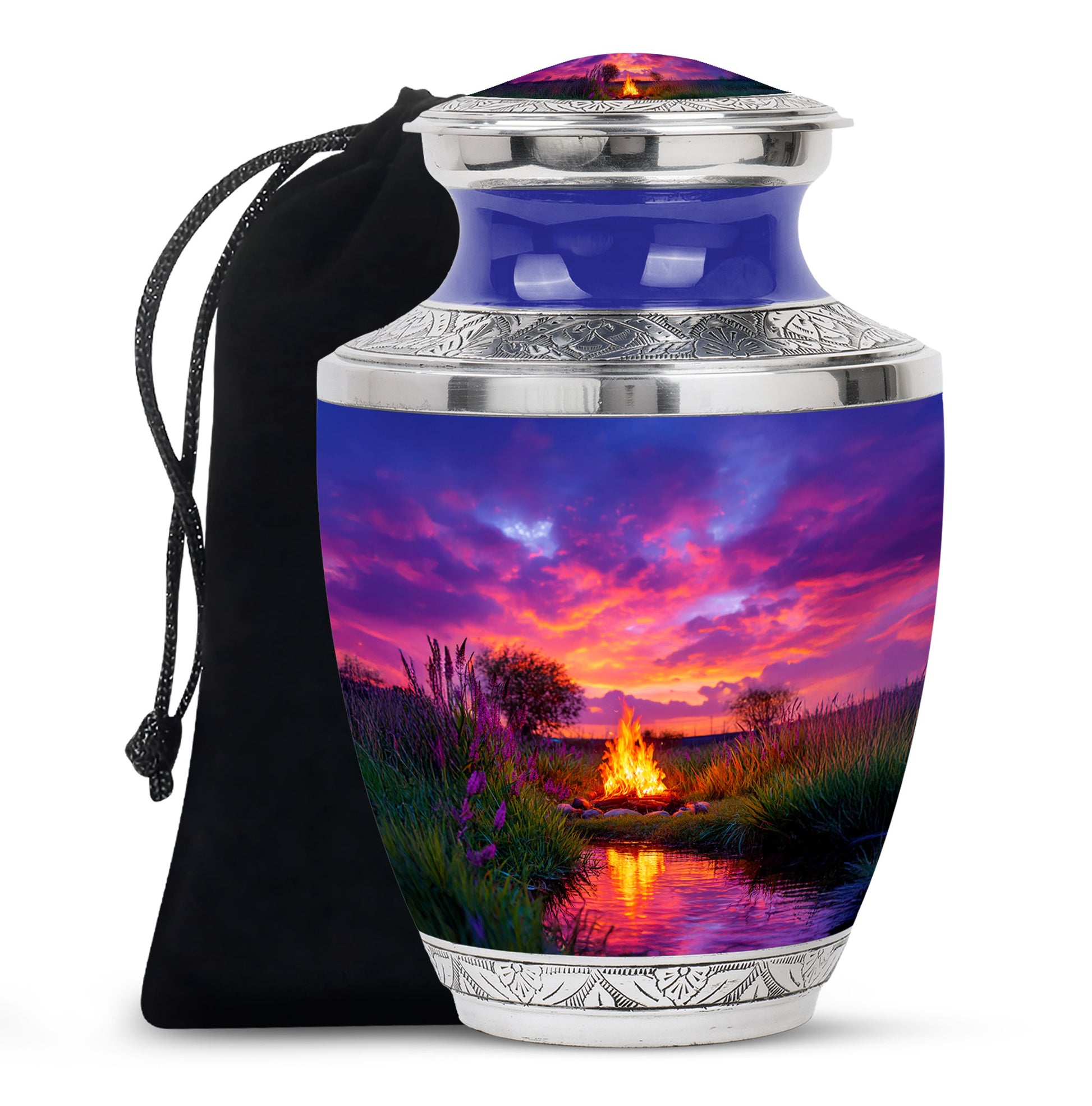 Serene Blue Campfire Cremation Urn side profile showing urn shape - stylized abstract campfire pattern with bold lines - full-size 10 inch 200 cubic inch adult cremation urn