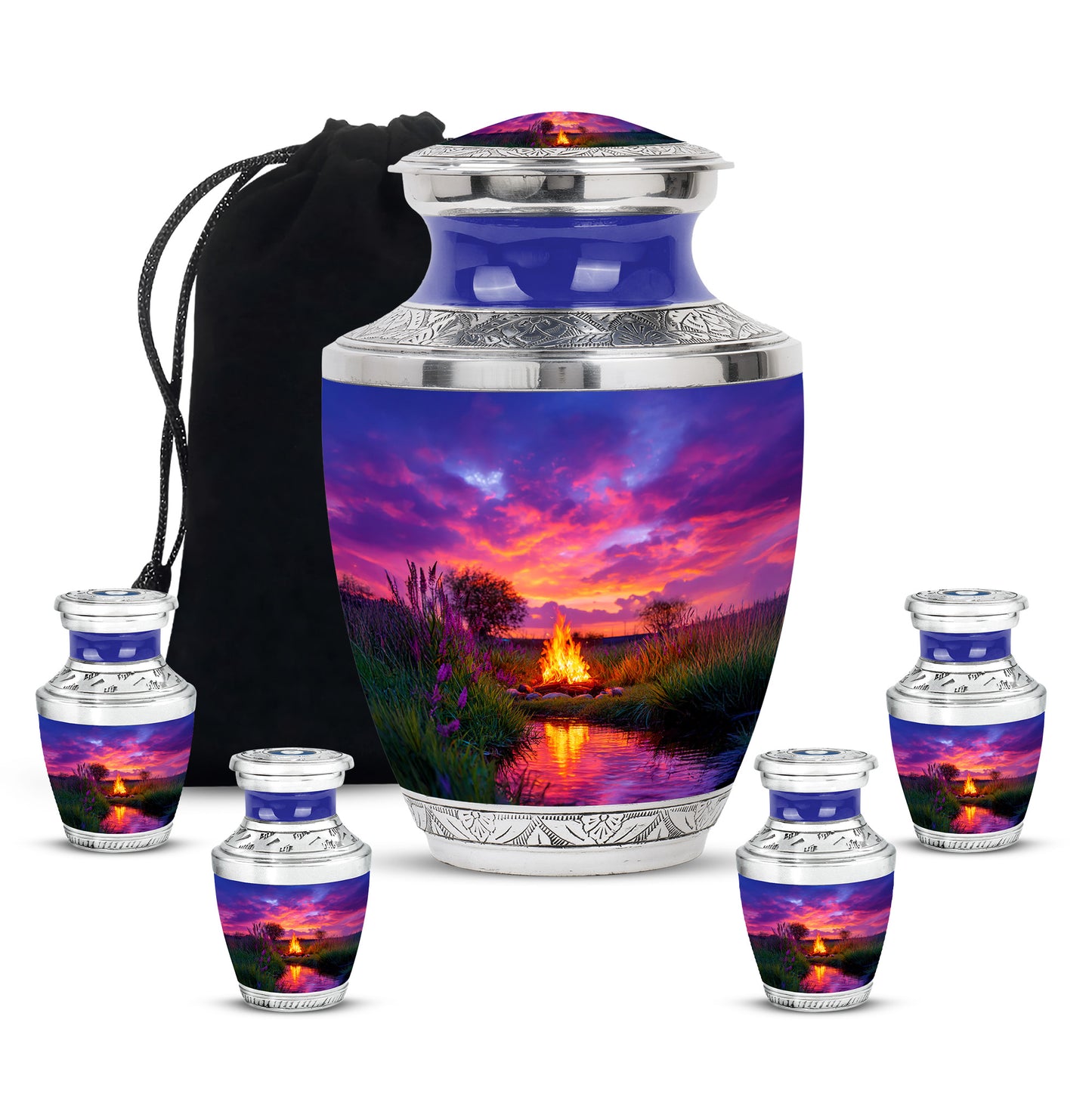 Celestial Blue Campfire Cremation Urn lifestyle display on memorial shelf - modern art-inspired campfire motif on sleek aluminum - memorial set with one large and four small urns