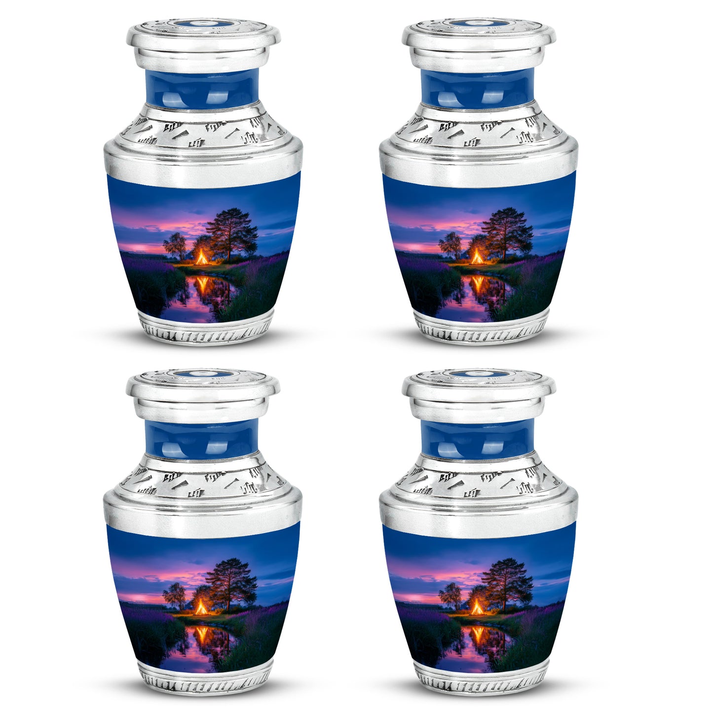 Icy Blue Campfire Cremation Urn back view with polished surface - modern art-inspired campfire motif on sleek aluminum - 10 inch aluminum urn for cremated remains