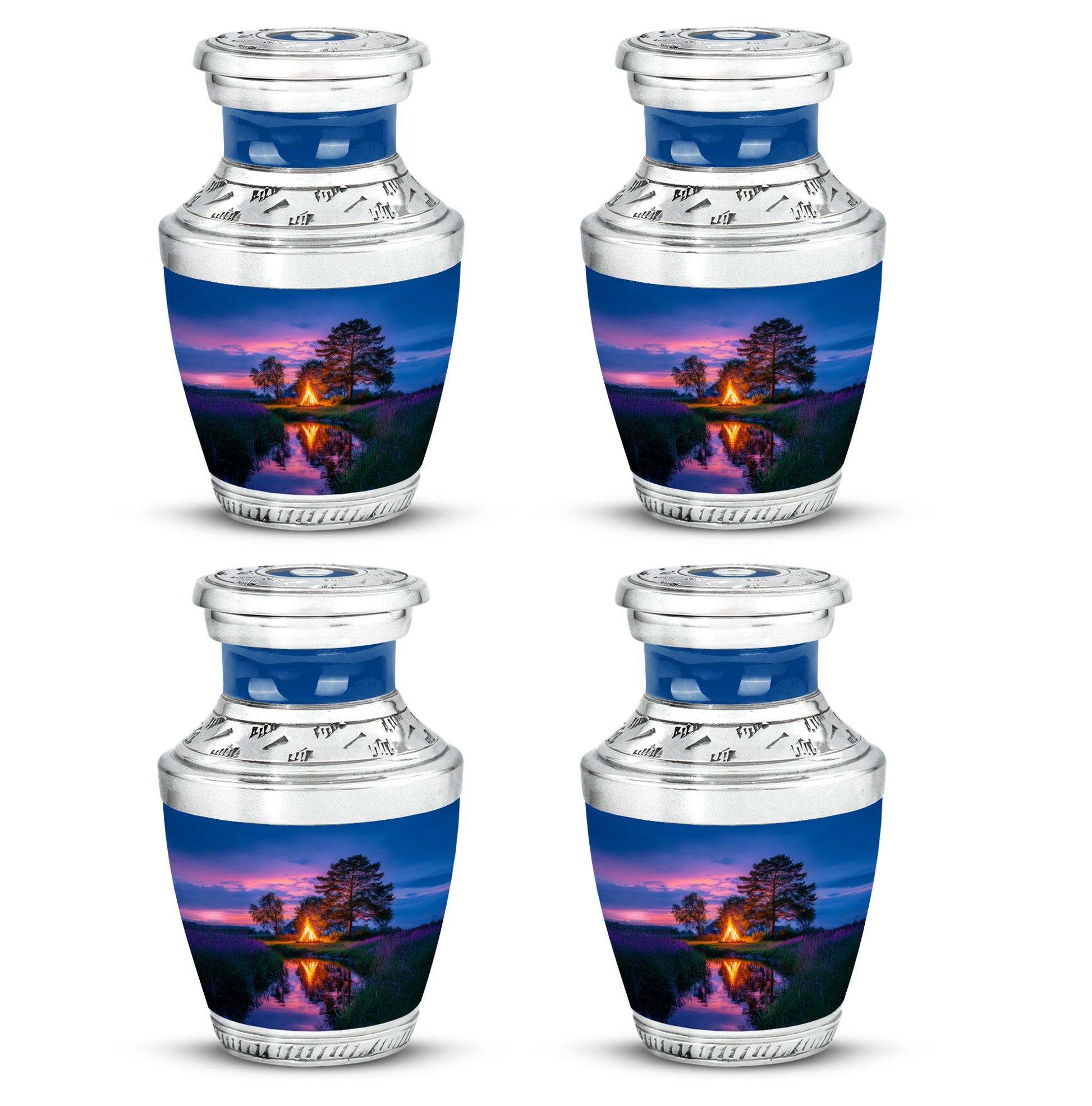 Icy Blue Campfire Cremation Urn back view with polished surface - modern art-inspired campfire motif on sleek aluminum - 10 inch aluminum urn for cremated remains