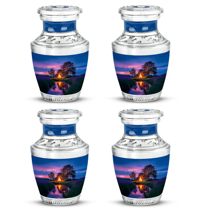 Icy Blue Campfire Cremation Urn back view with polished surface - modern art-inspired campfire motif on sleek aluminum - 10 inch aluminum urn for cremated remains