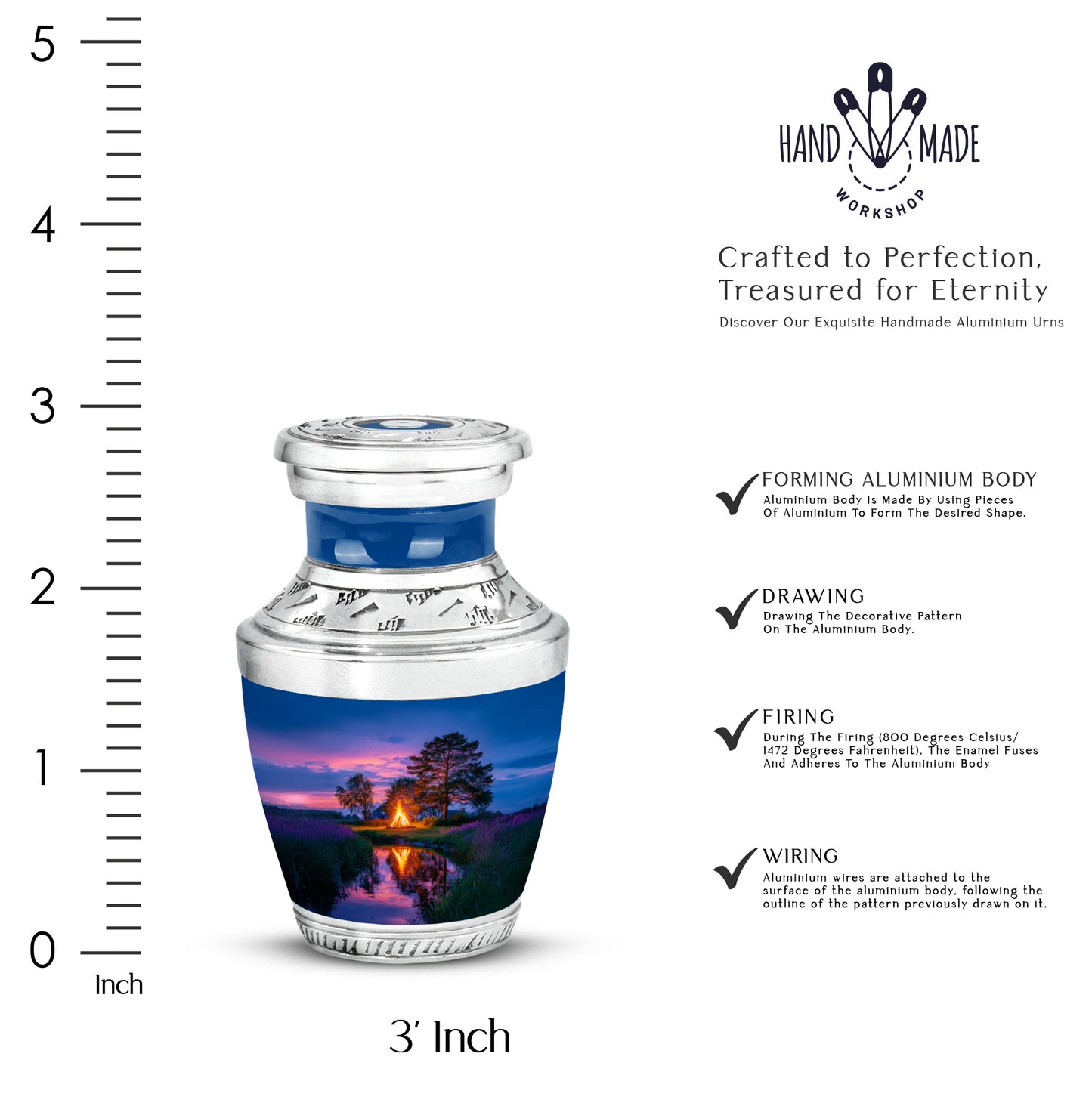Pastel Blue Campfire Cremation Urn top-down view of secure threaded lid - contemporary campfire design with modern artistic flair - mini keepsake memorial for portion of cremation ashes