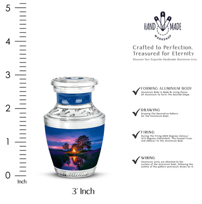 Pastel Blue Campfire Cremation Urn top-down view of secure threaded lid - contemporary campfire design with modern artistic flair - mini keepsake memorial for portion of cremation ashes
