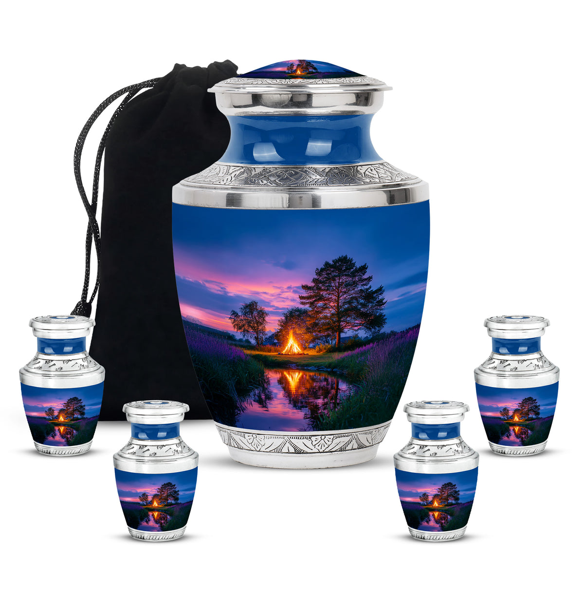 Pastel Blue Campfire Cremation Urn lifestyle display on memorial shelf - contemporary campfire design with modern artistic flair - memorial set with one large and four small urns