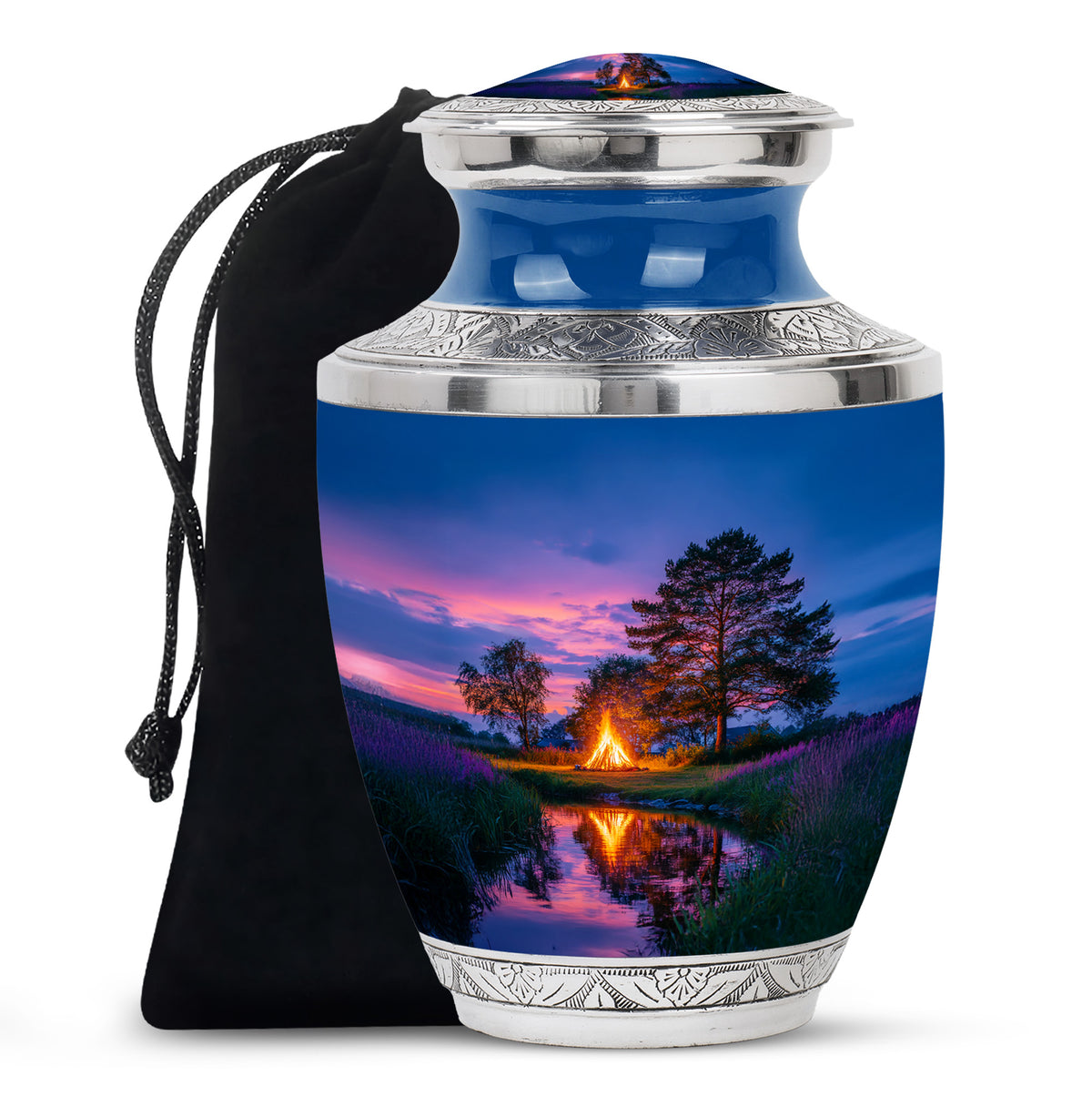 Sapphire Blue Campfire Cremation Urn side profile showing urn shape - stylized abstract campfire pattern with bold lines - full-size 10 inch 200 cubic inch adult cremation urn