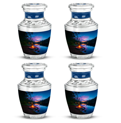 Twilight Blue Campfire Cremation Urn back view with polished surface - artistic campfire interpretation with creative detail - 10 inch aluminum urn for cremated remains