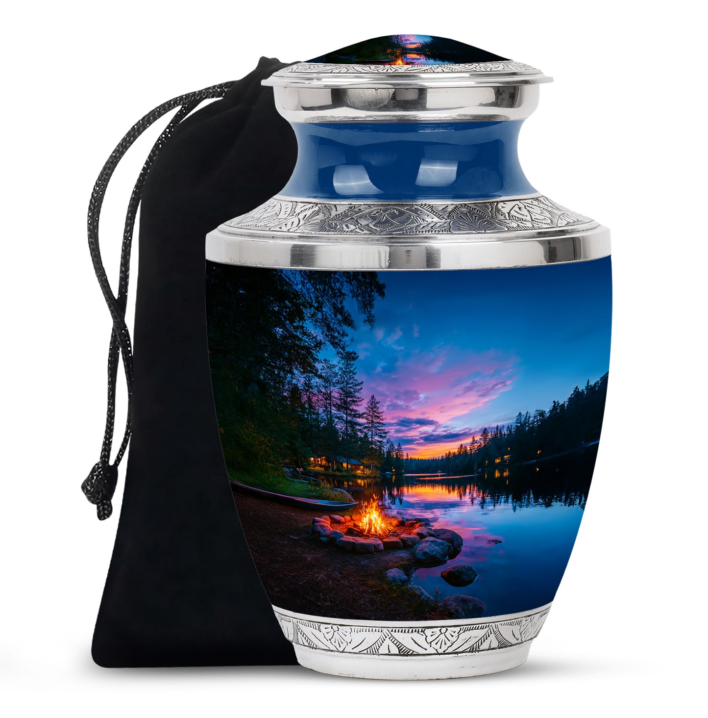 Bright Blue Campfire Cremation Urn side profile showing urn shape - artistic campfire interpretation with creative detail - full-size 10 inch 200 cubic inch adult cremation urn