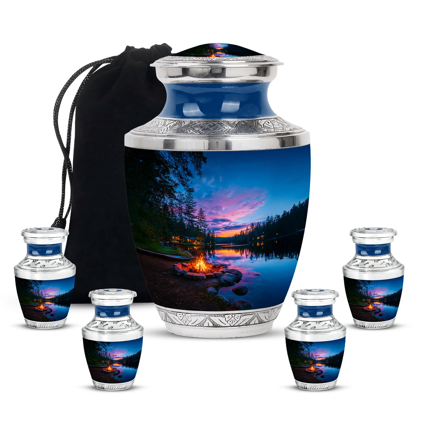 Calming Blue Campfire Cremation Urn lifestyle display on memorial shelf - artistic campfire interpretation with creative detail - memorial set with one large and four small urns
