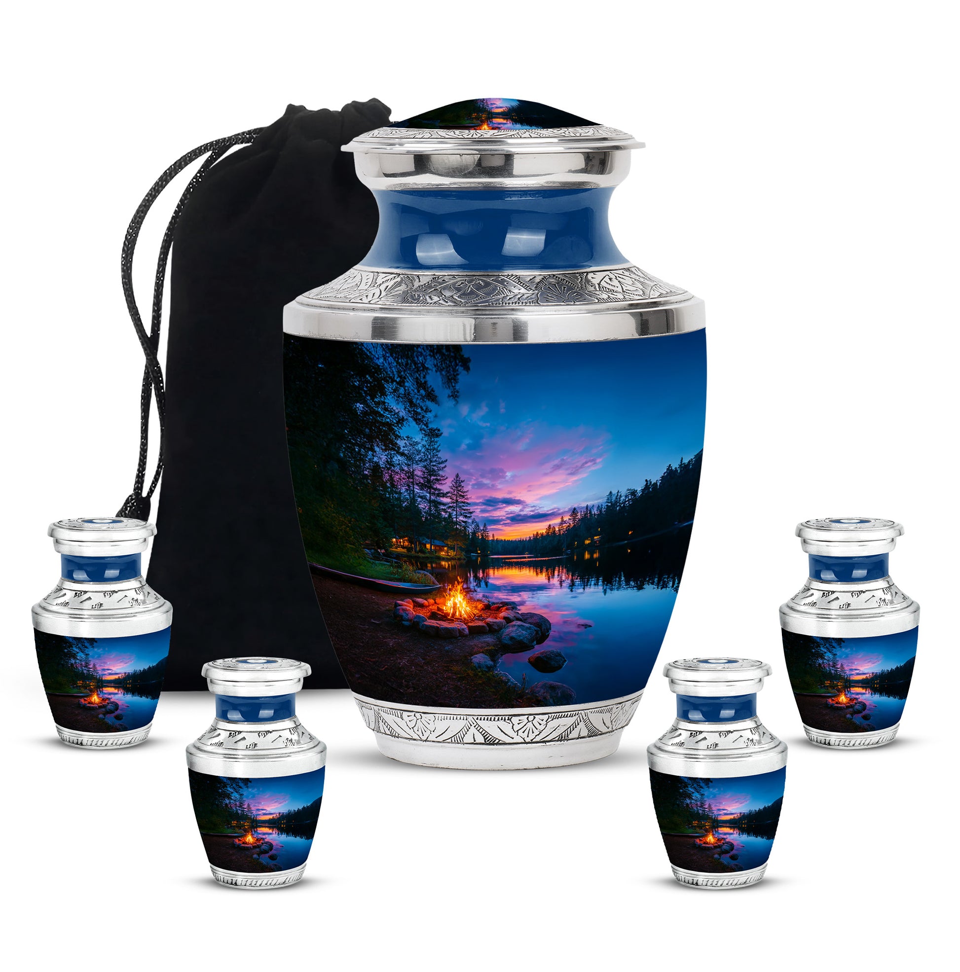Calming Blue Campfire Cremation Urn lifestyle display on memorial shelf - artistic campfire interpretation with creative detail - memorial set with one large and four small urns