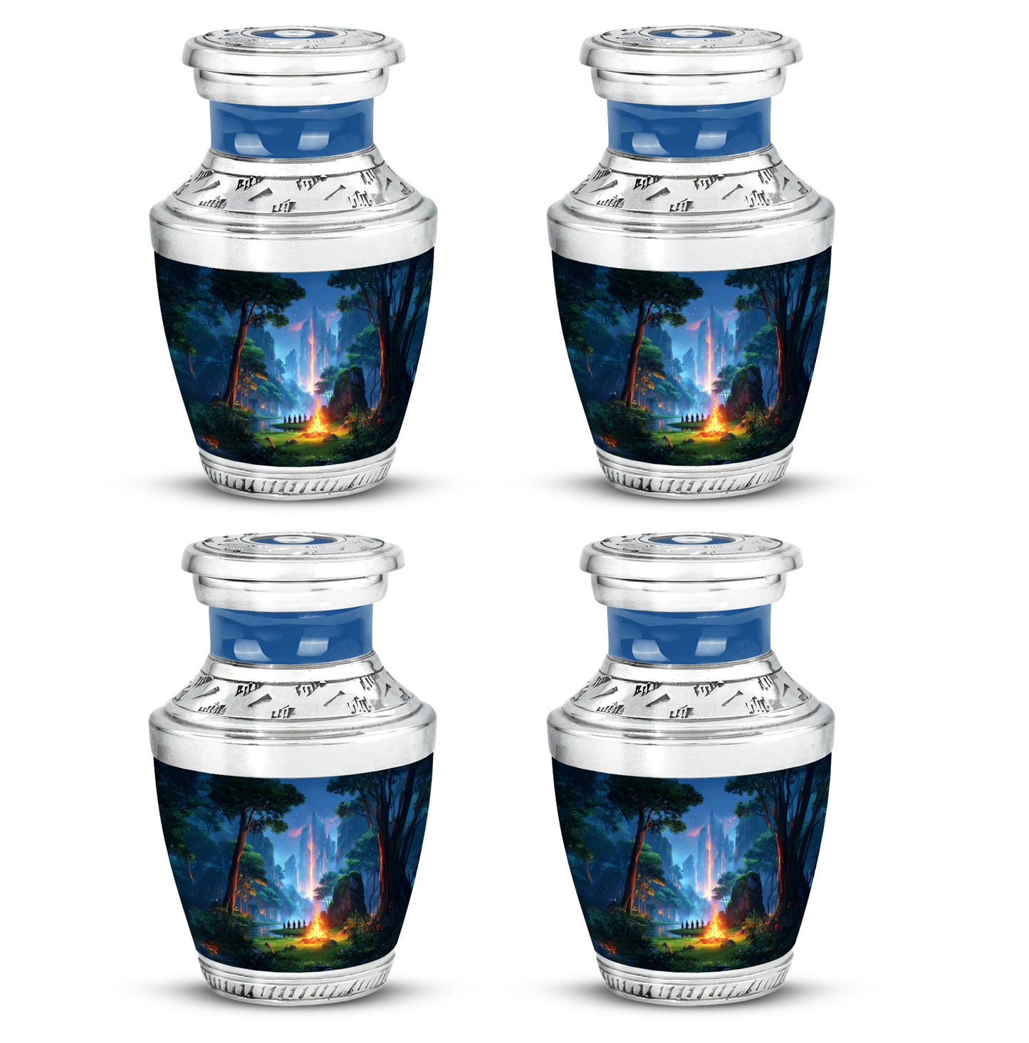 Azure Campfire Cremation Urn back view with polished surface - modern art-inspired campfire motif on sleek aluminum - 10 inch aluminum urn for cremated remains