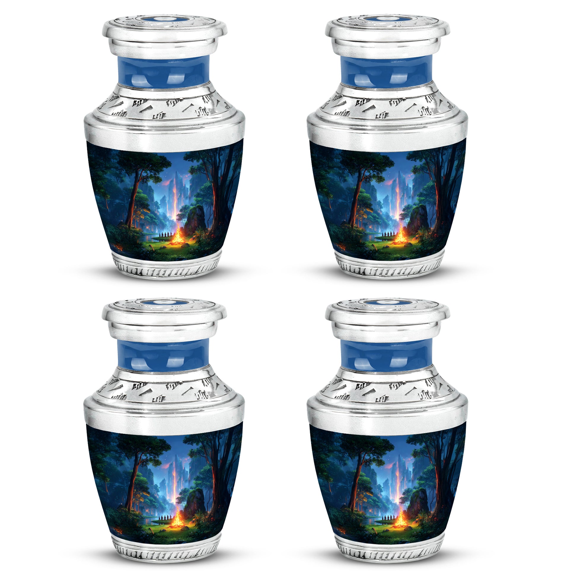 Azure Campfire Cremation Urn back view with polished surface - modern art-inspired campfire motif on sleek aluminum - 10 inch aluminum urn for cremated remains