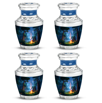 Azure Campfire Cremation Urn back view with polished surface - modern art-inspired campfire motif on sleek aluminum - 10 inch aluminum urn for cremated remains
