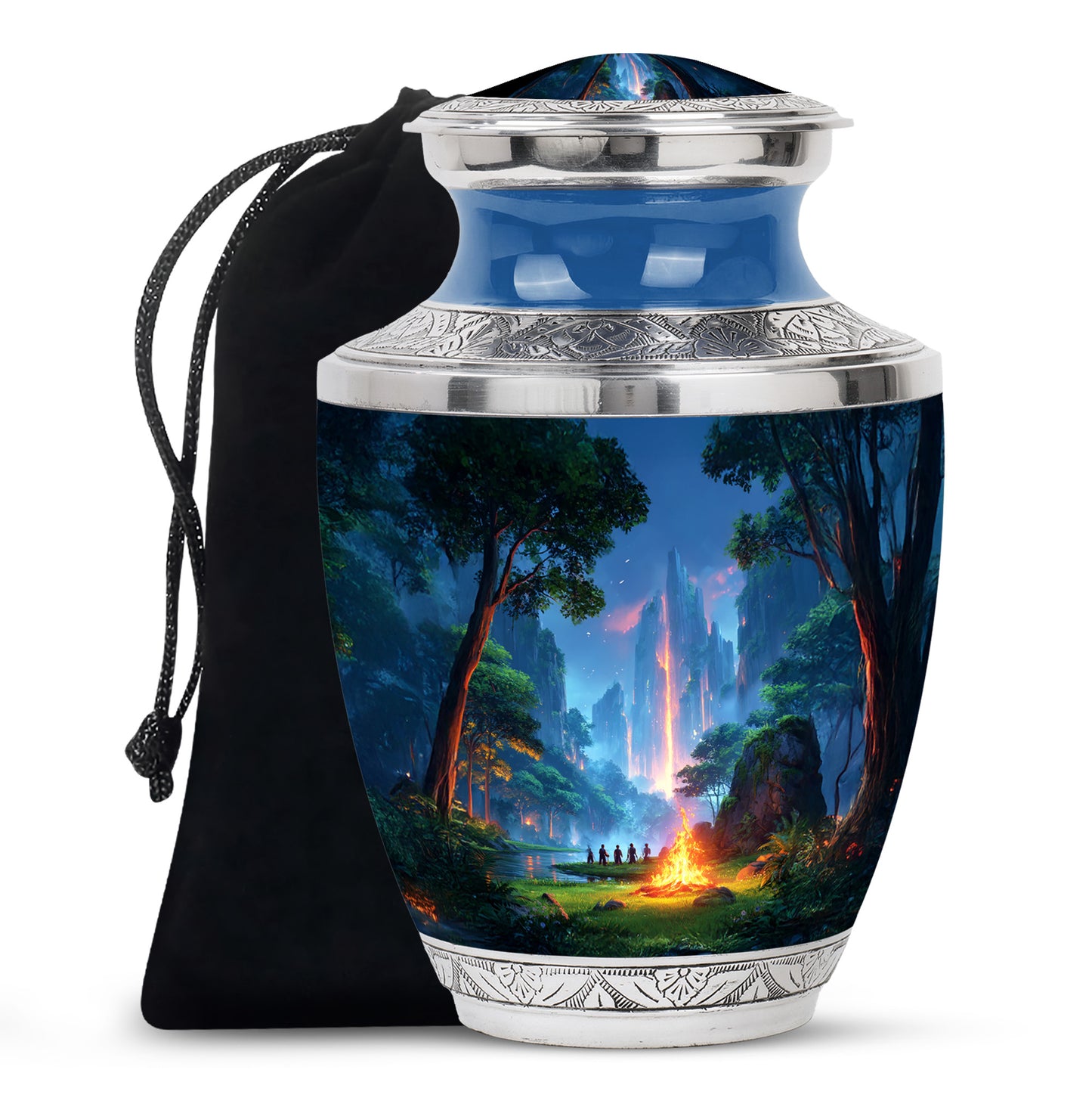 Serene Blue Campfire Cremation Urn side profile showing urn shape - artistic campfire interpretation with creative detail - full-size 10 inch 200 cubic inch adult cremation urn