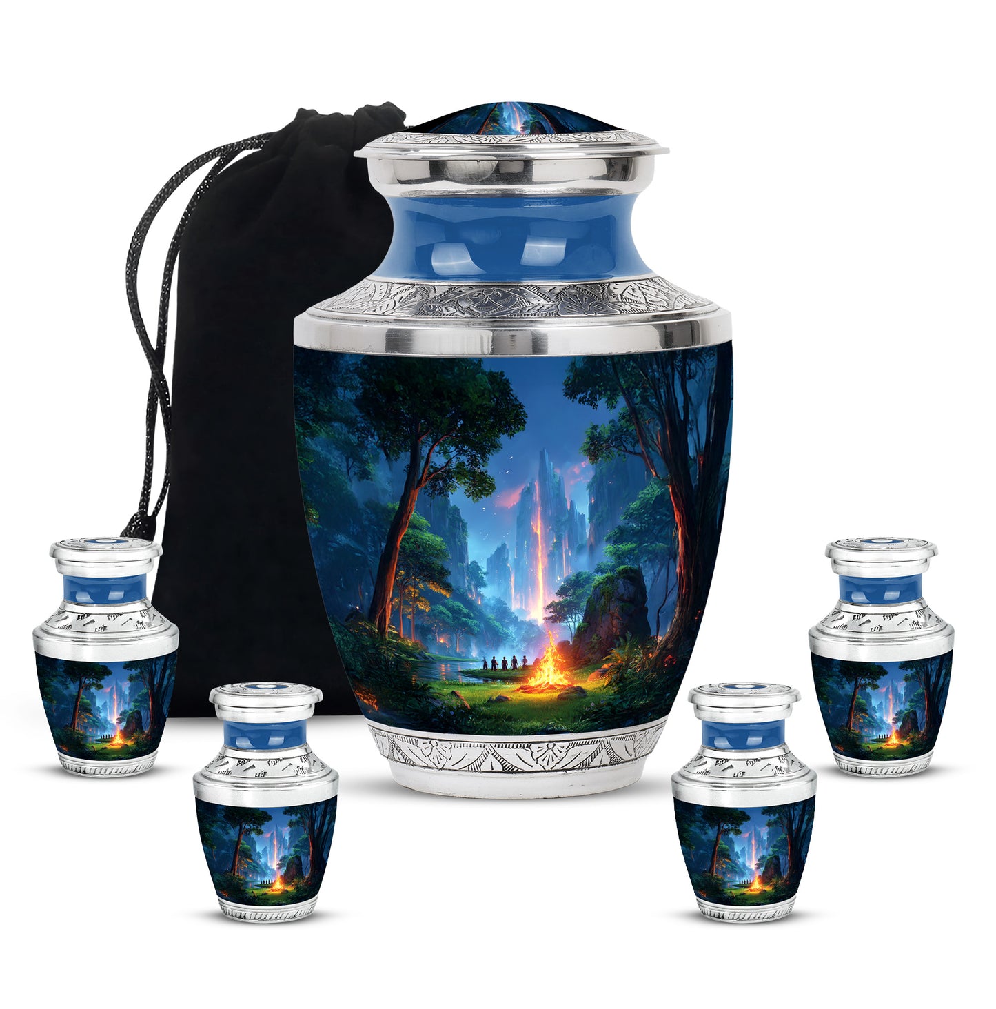 Calming Blue Campfire Cremation Urn lifestyle display on memorial shelf - stylized abstract campfire pattern with bold lines - memorial set with one large and four small urns