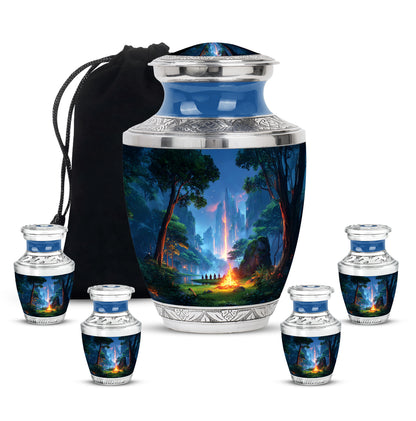 Calming Blue Campfire Cremation Urn lifestyle display on memorial shelf - stylized abstract campfire pattern with bold lines - memorial set with one large and four small urns