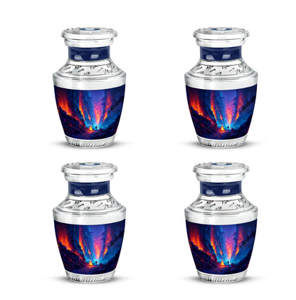 Soft Blue Campfire Cremation Urn back view with polished surface - stylized abstract campfire pattern with bold lines - 10 inch aluminum urn for cremated remains